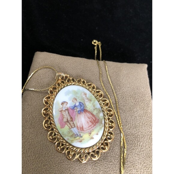 Vintage Fragonard Porcelain Cameo Pendant Large Gold Tone Victorian Style 22” - Picture 1 of 6
